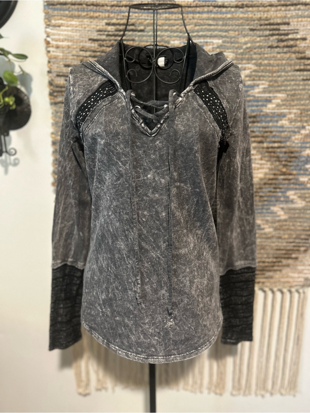 Venus Womens Washed Gray Lace-Up Hooded Top
